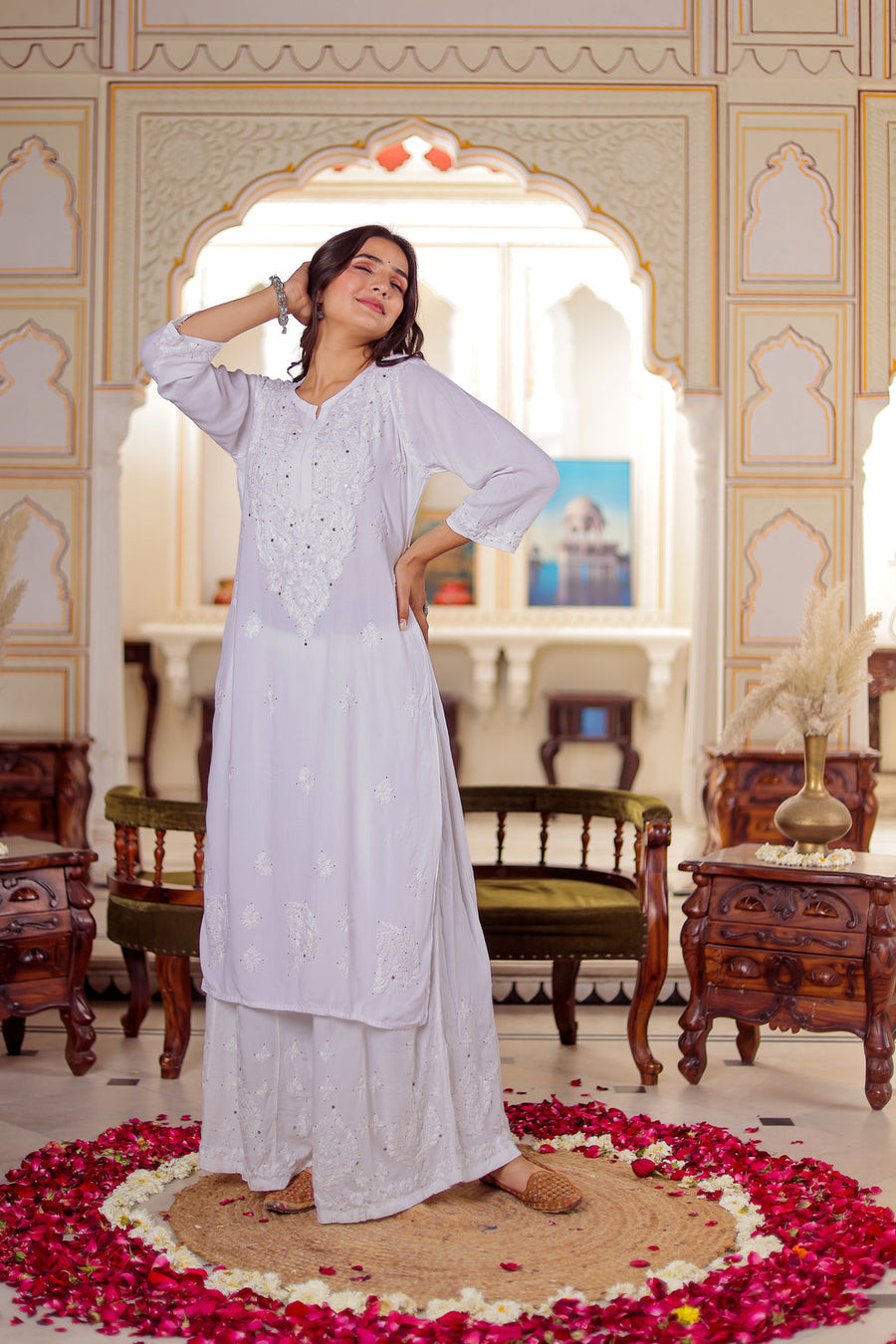 White Hoor Rayon Muquesh Kurti & Palazzo Set