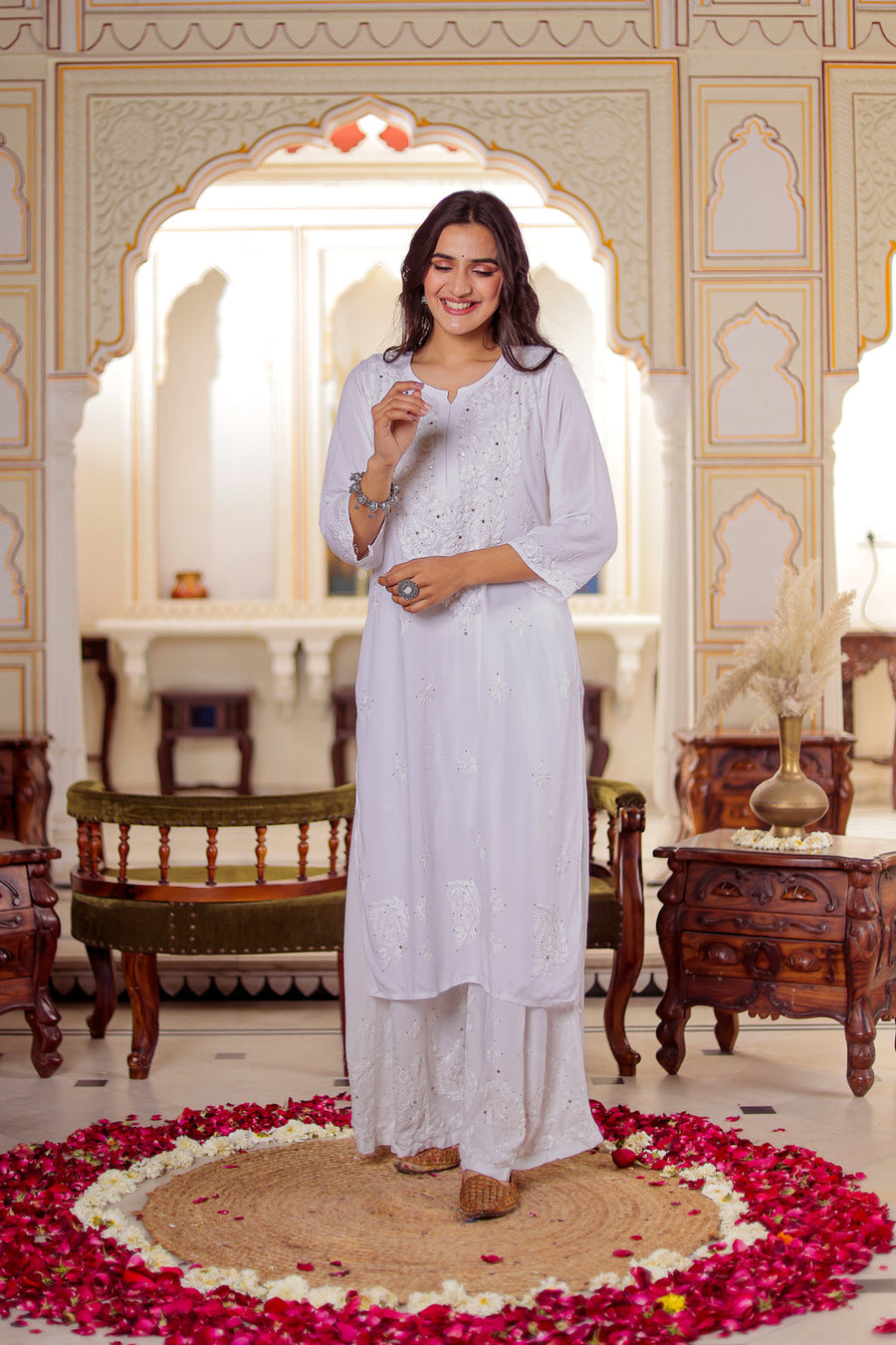 White Hoor Rayon Muquesh Kurti & Palazzo Set