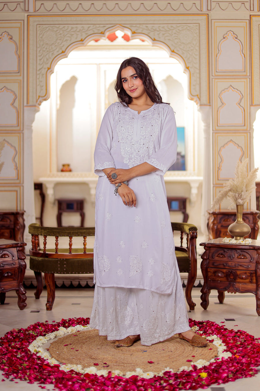 White Hoor Rayon Muquesh Kurti & Palazzo Set