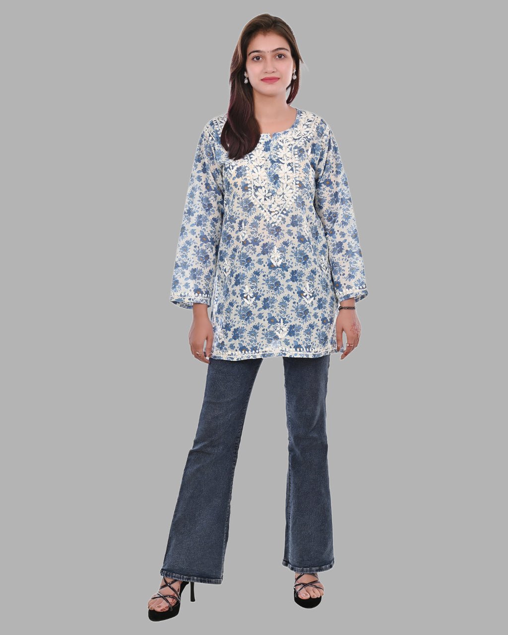 Blue Haya Mulmul Cotton Printed Short Chikankari Top by malabis
