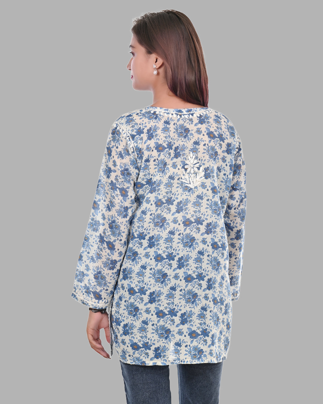 Blue Haya Mulmul Cotton Printed Short Chikankari Top by malabis