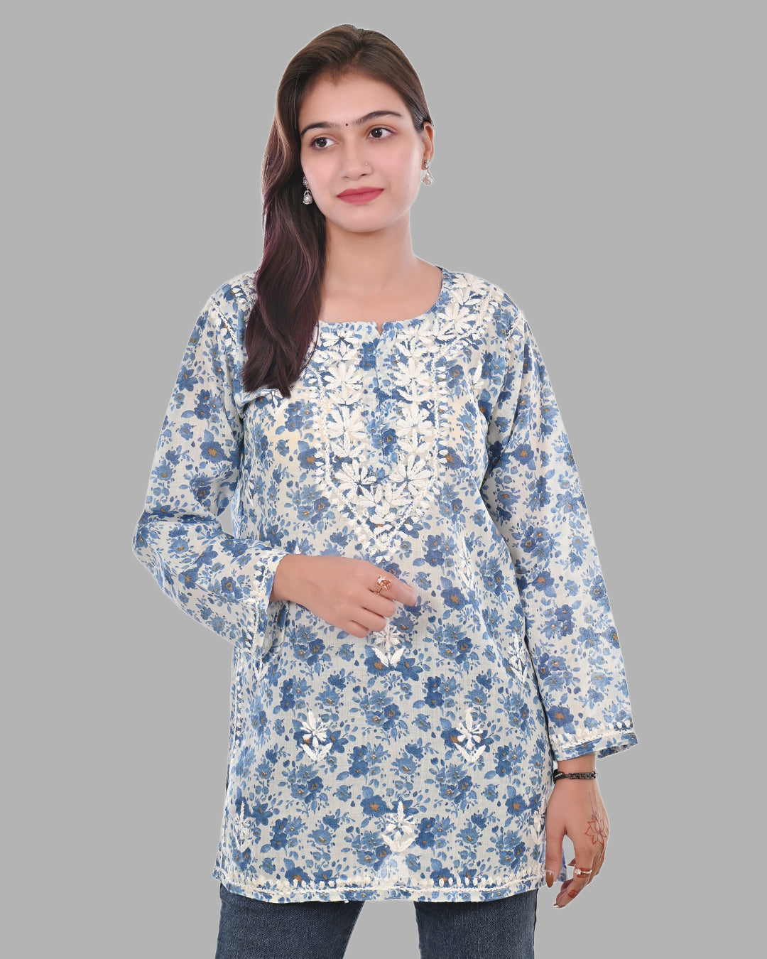 Blue Haya Mulmul Cotton Printed Short Chikankari Top by malabis