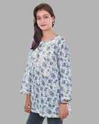 Blue Haya Mulmul Cotton Printed Short Chikankari Top by malabis