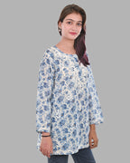 Blue Haya Mulmul Cotton Printed Short Chikankari Top by malabis