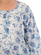 Blue Haya Mulmul Cotton Printed Short Chikankari Top by malabis