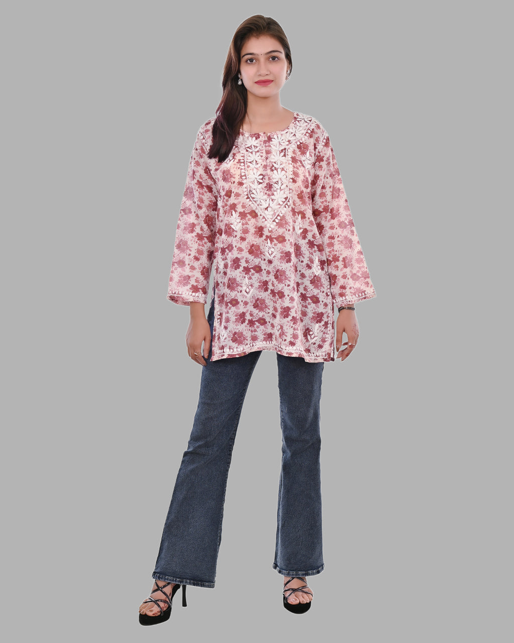 Maroon Haya Mulmul Cotton Printed Short Chikankari Top by malabis