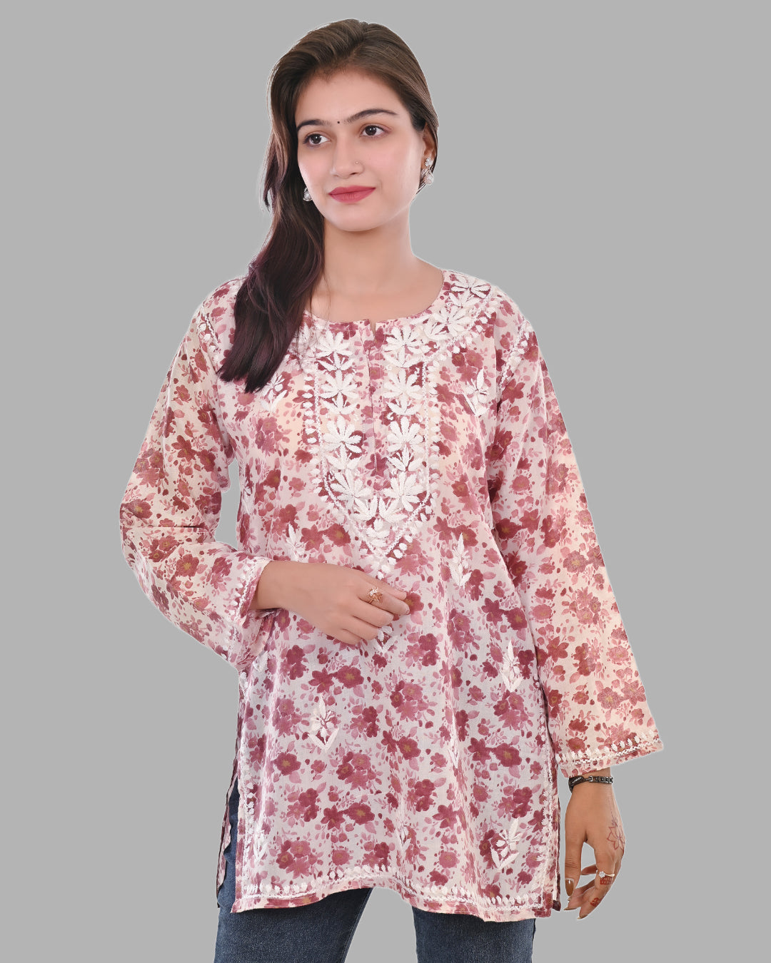 Maroon Haya Mulmul Cotton Printed Short Chikankari Top by malabis
