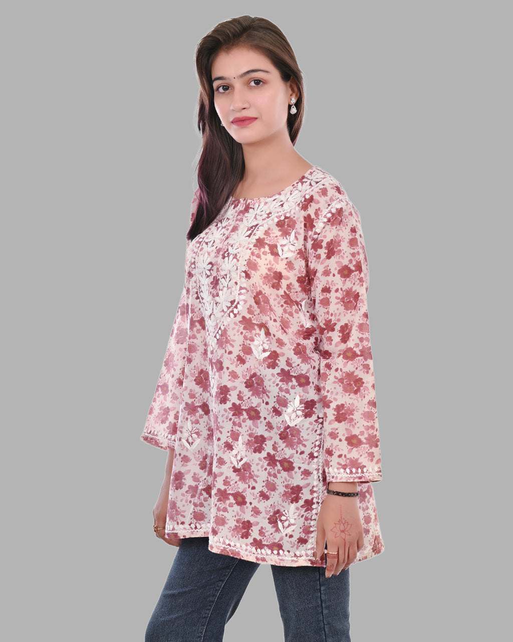 Maroon Haya Mulmul Cotton Printed Short Chikankari Top by malabis