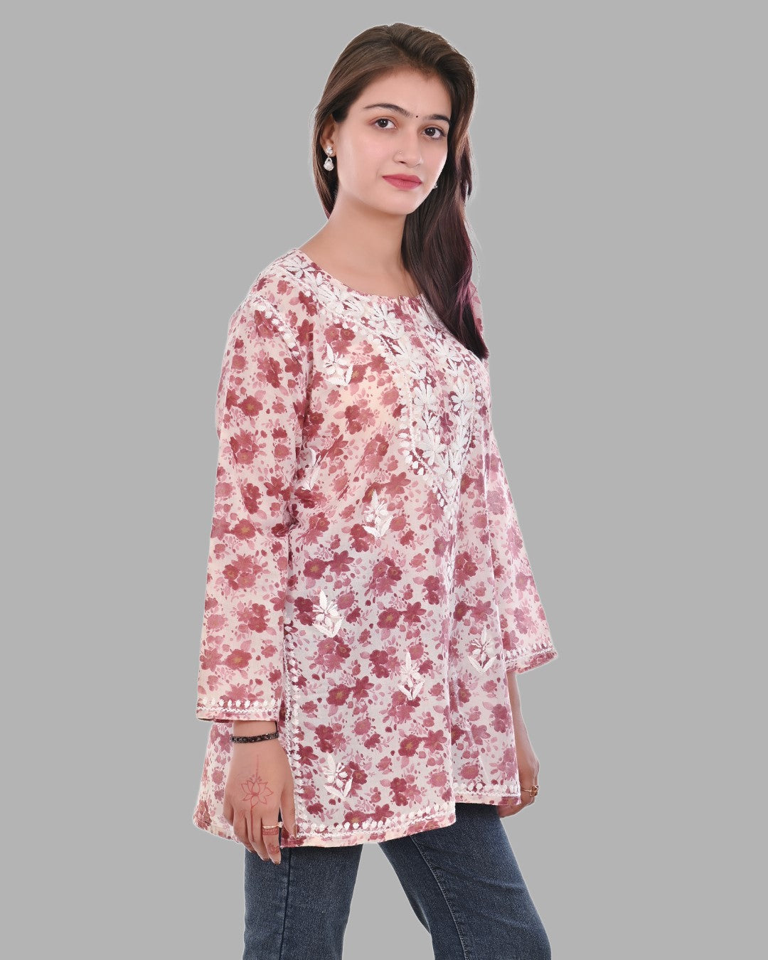 Maroon Haya Mulmul Cotton Printed Short Chikankari Top by malabis