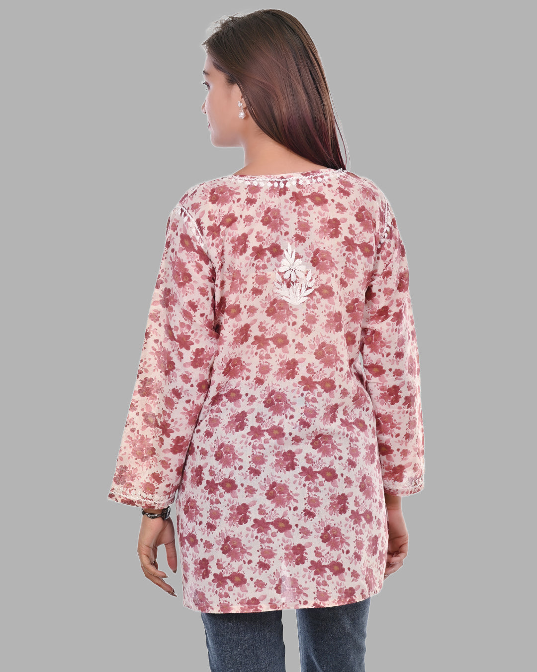 Maroon Haya Mulmul Cotton Printed Short Chikankari Top by malabis