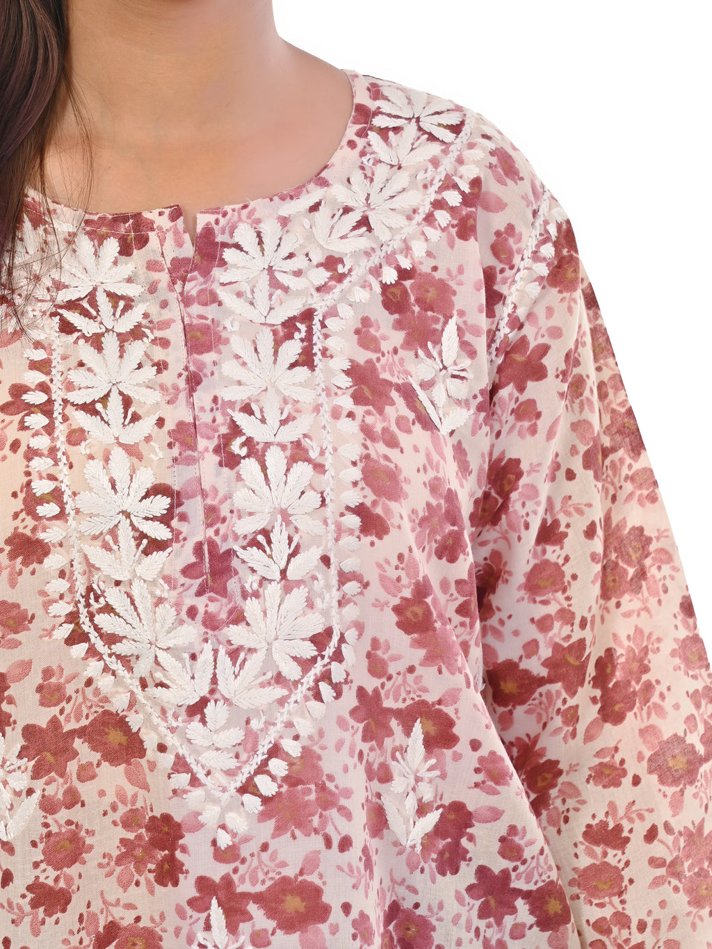 Maroon Haya Mulmul Cotton Printed Short Chikankari Top by malabis