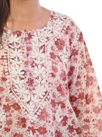 Maroon Haya Mulmul Cotton Printed Short Chikankari Top by malabis