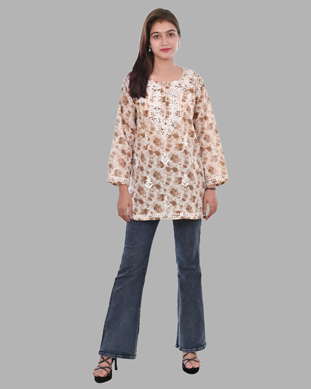 Mauve Haya Mulmul Cotton Printed Short Chikankari Top by malabis