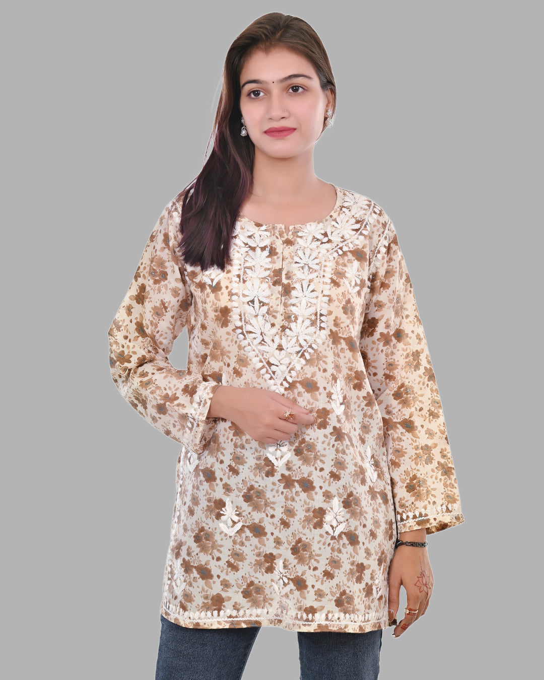 Mauve Haya Mulmul Cotton Printed Short Chikankari Top by malabis