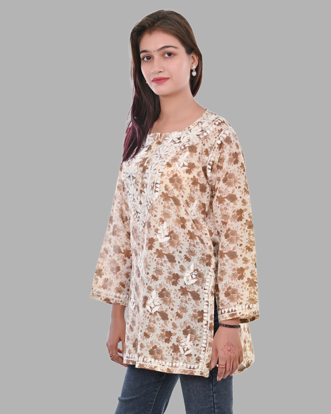Mauve Haya Mulmul Cotton Printed Short Chikankari Top by malabis