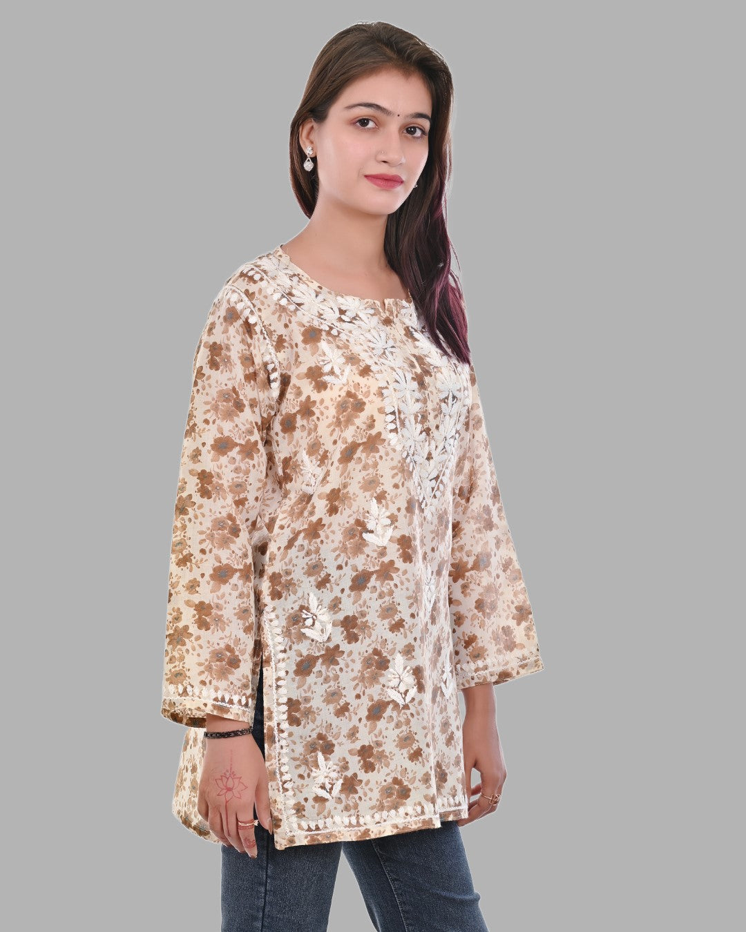 Mauve Haya Mulmul Cotton Printed Short Chikankari Top by malabis