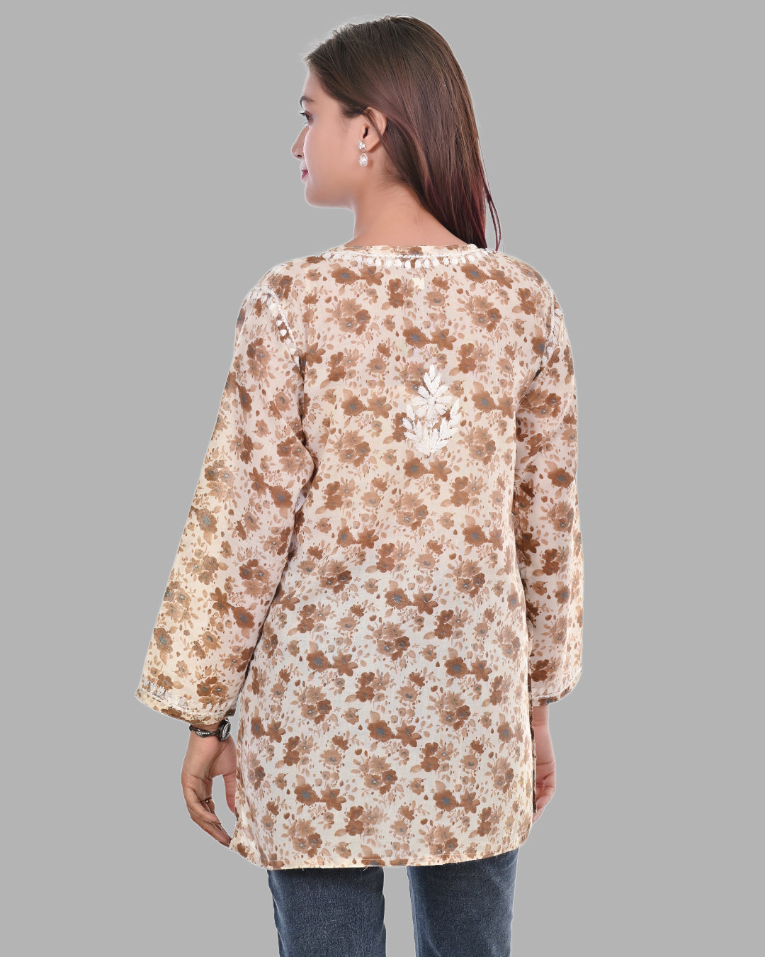 Mauve Haya Mulmul Cotton Printed Short Chikankari Top by malabis