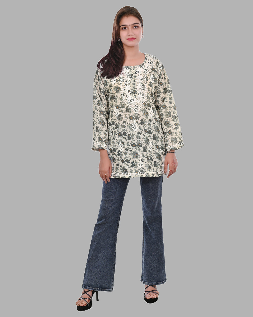 Pista Green Haya Mulmul Cotton Printed Short Chikankari Top by malabis