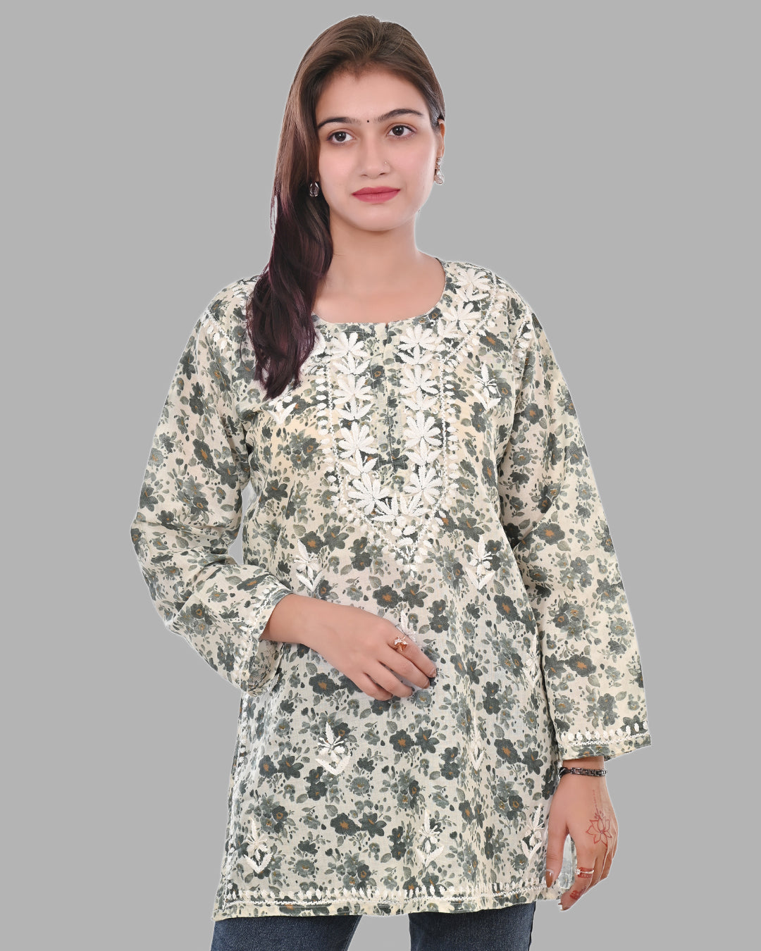 Pista Green Haya Mulmul Cotton Printed Short Chikankari Top by malabis