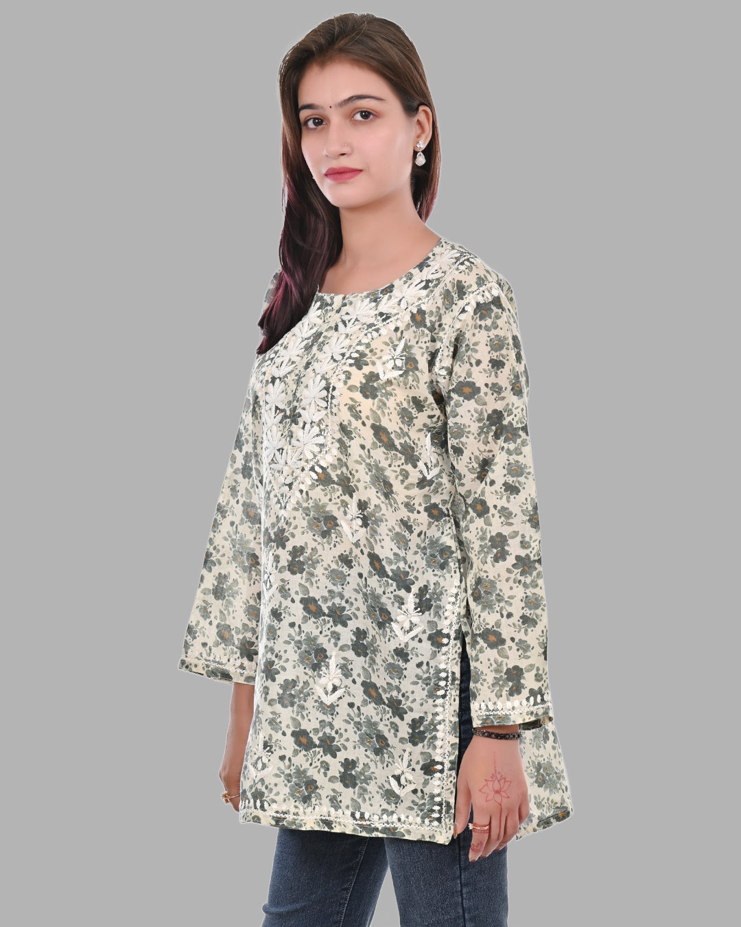 Pista Green Haya Mulmul Cotton Printed Short Chikankari Top by malabis