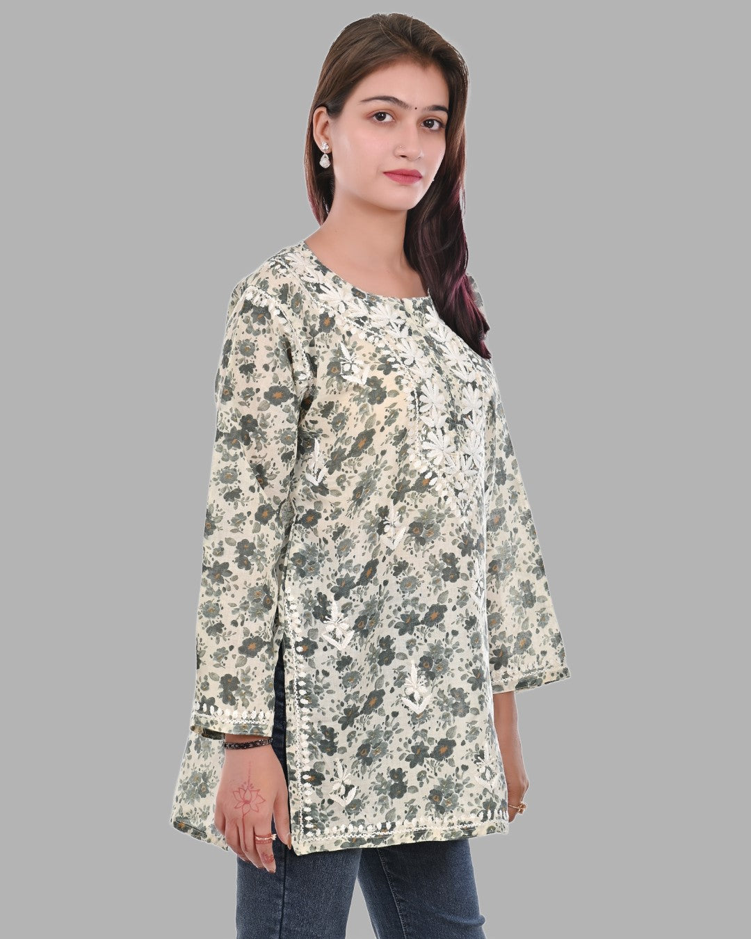 Pista Green Haya Mulmul Cotton Printed Short Chikankari Top by malabis