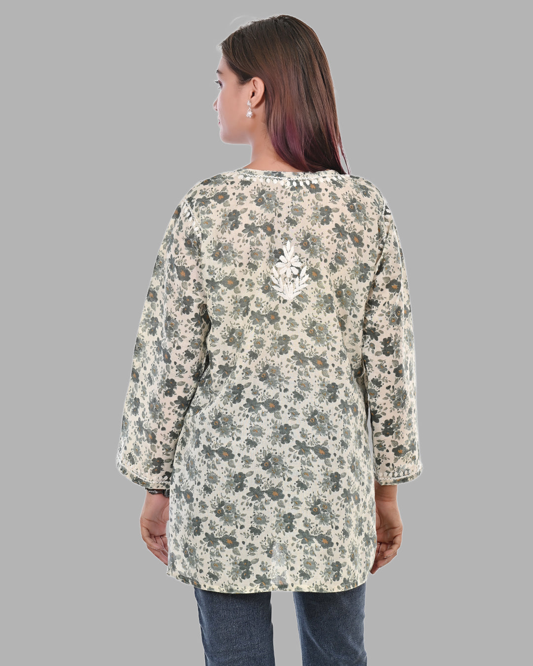Pista Green Haya Mulmul Cotton Printed Short Chikankari Top by malabis