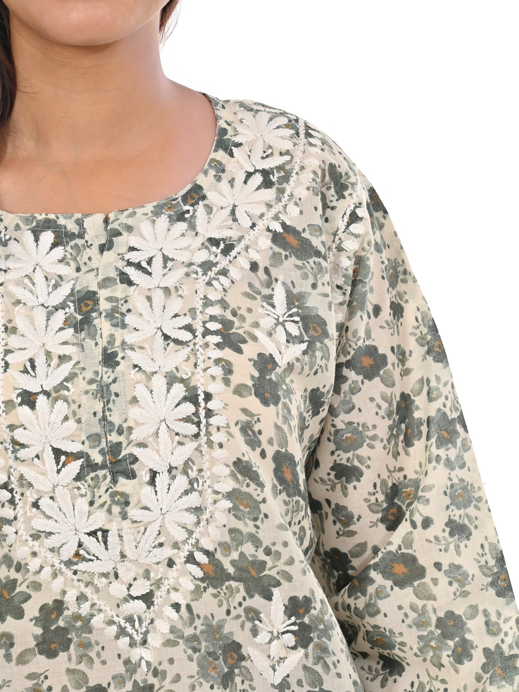 Pista Green Haya Mulmul Cotton Printed Short Chikankari Top by malabis