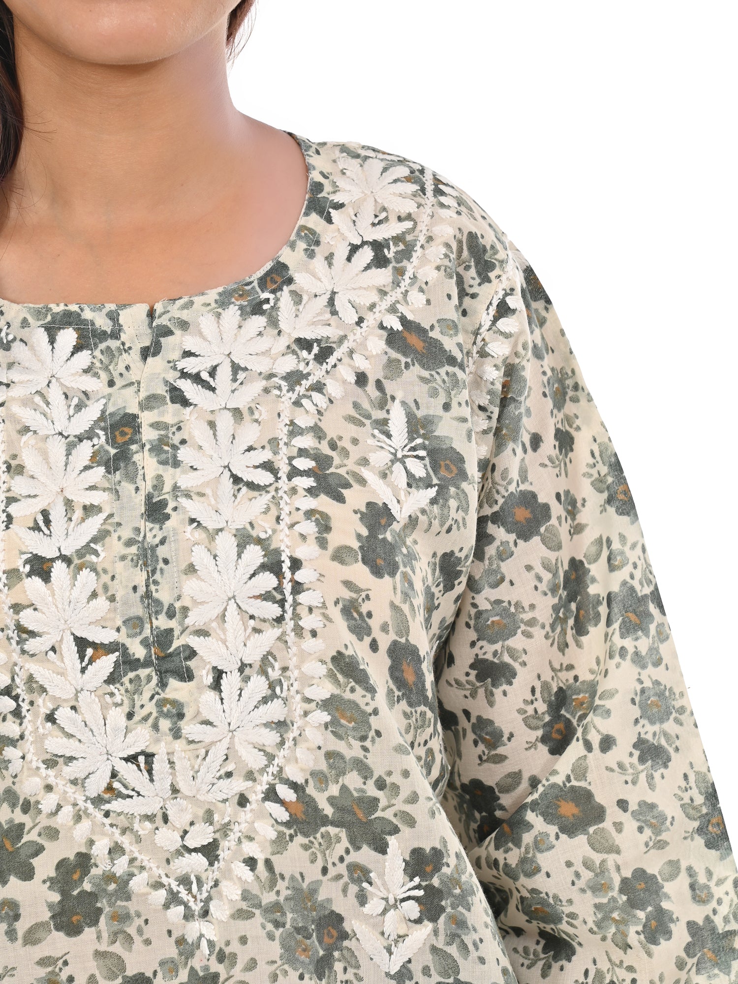 Pista Green Haya Mulmul Cotton Printed Short Chikankari Top by malabis