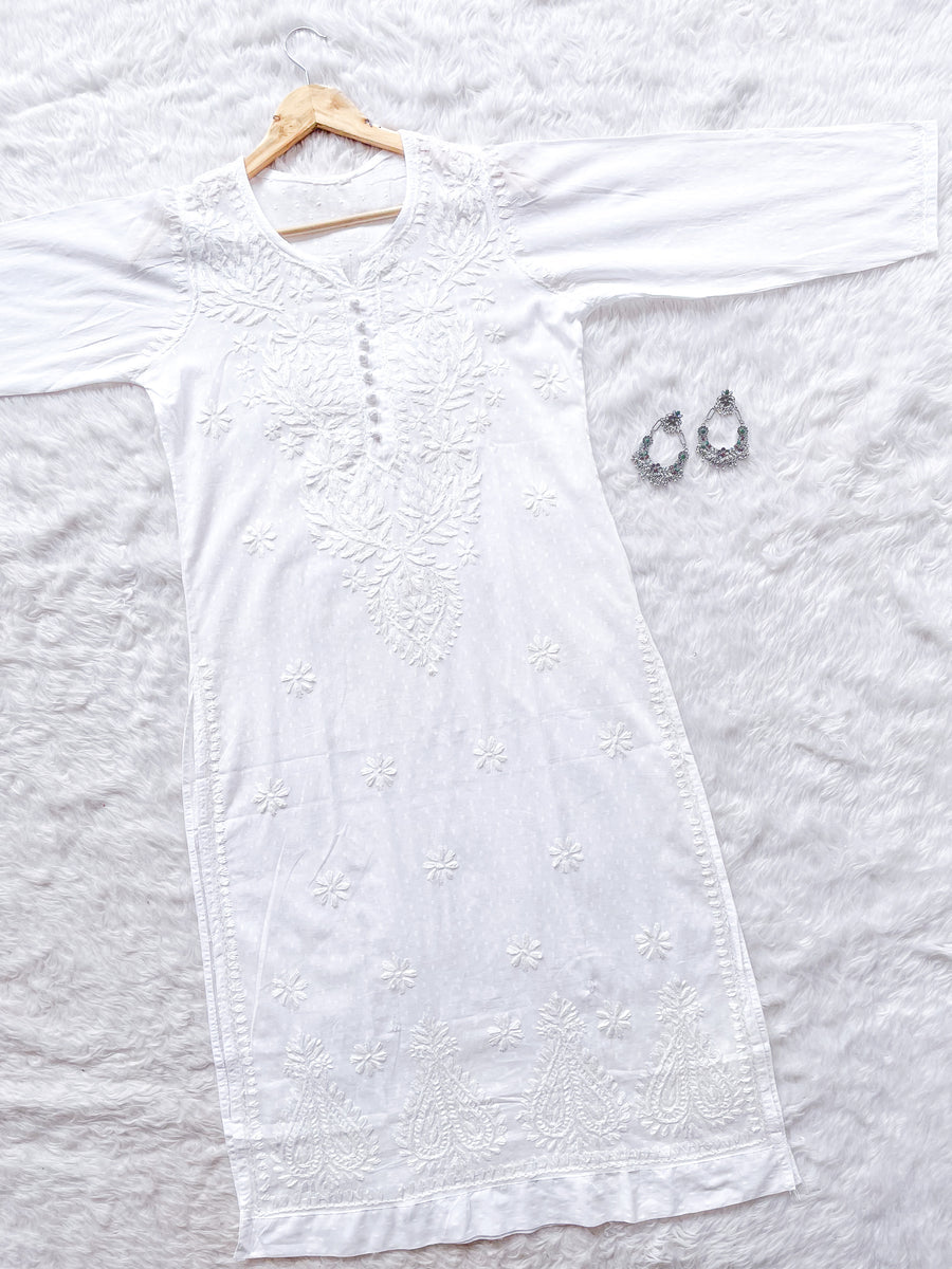 White SAIYAARA White Soft Combed Cotton Chikankari Kurti Malabis.in