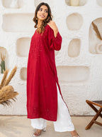 Maroon Tuba Rayon kurti with Muquesh Work