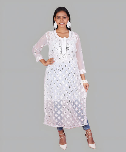 Malaika Chikankari White Booti Jaal Kurti With Real Pasted Mirror Work & Matching Cotton Inner