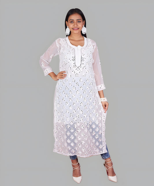 Malaika Chikankari White Booti Jaal Kurti With Real Pasted Mirror Work & Matching Cotton Inner