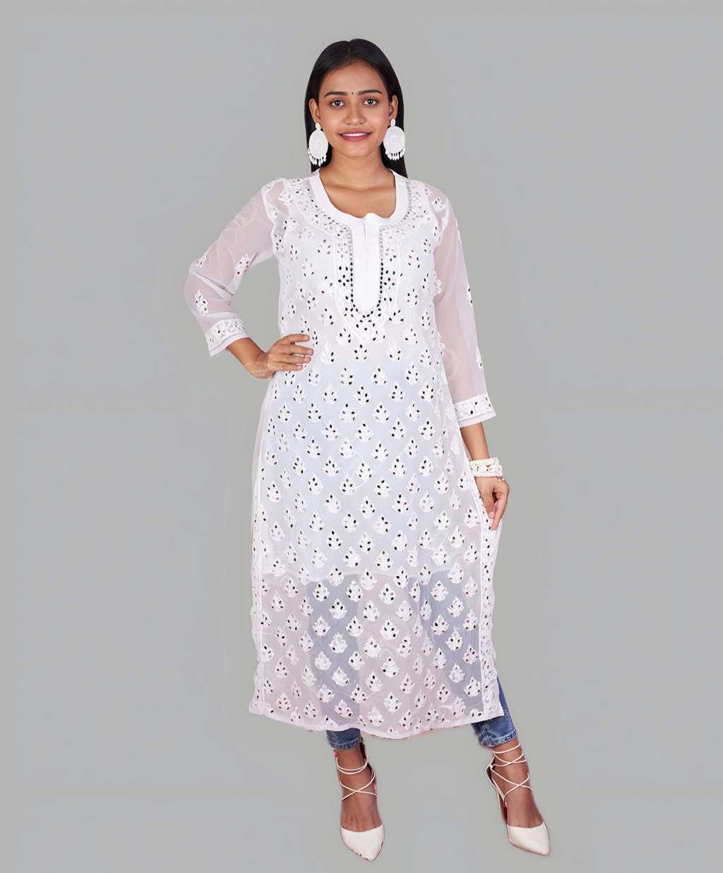 Malaika White Mirror Work Kurti & Inner