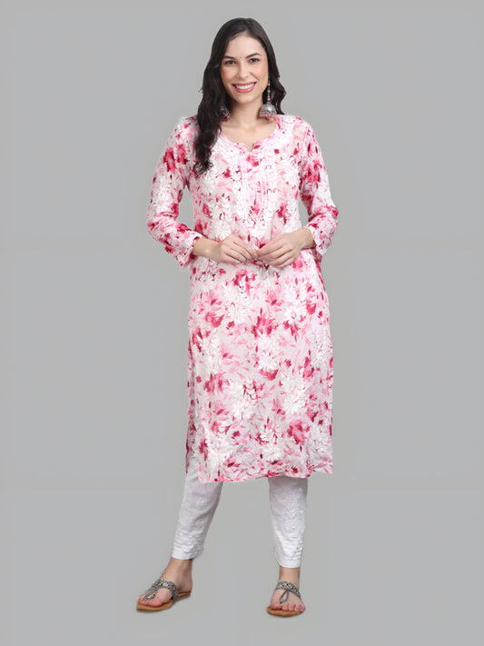 Huda White Base Pure Mulmul Floral Print Lucknowi Chikankari Straight Long Kurti
