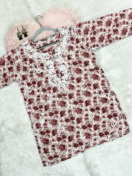 Printed Mul Cotton Short Lucknowi Chikankari Kurti for Women, 30" Inches Length, Super Comfy & Non-Transparent Kurti