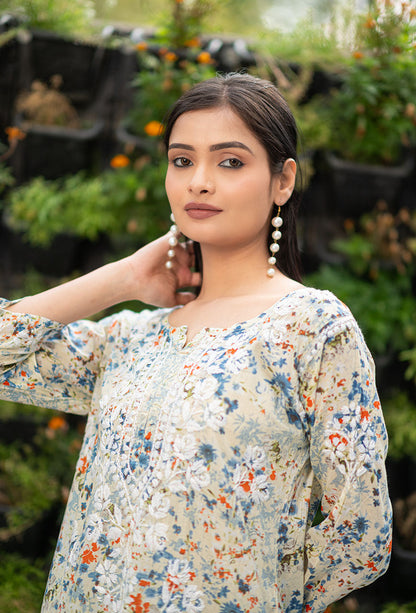 Women's Lucknowi Chikankari Handwork Mulmul Print Kurti & Palazzo Set
