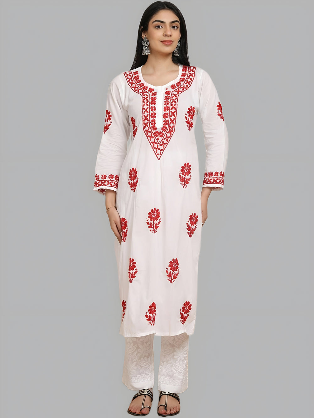 Sheen White Base Mulmul Straight Fit Long Chikankari kurti With Colorful Threadworks