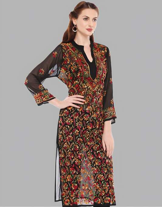 Alfi Black Chiffon Georgette Chikankari Kurti with Multi-Thread Embroidery & Free Cotton Inner