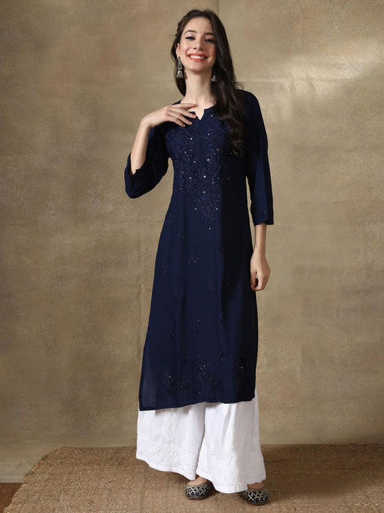 Navy Blue Tuba Rayon kurti with Muquesh Work