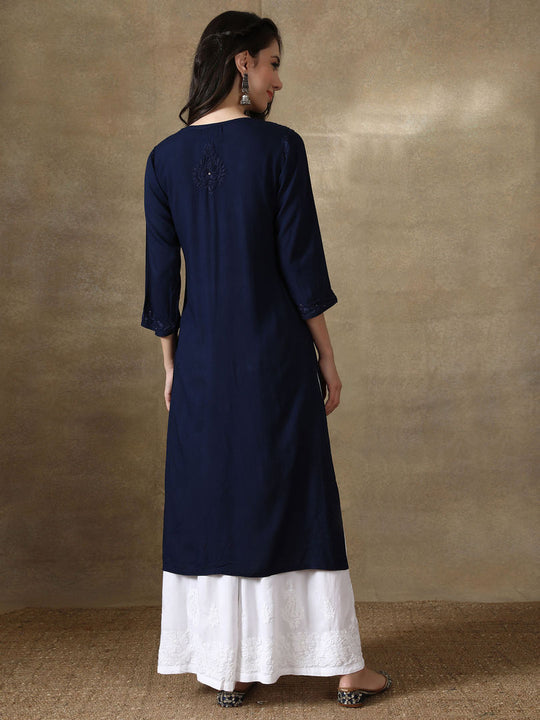 Navy Blue Tuba Rayon kurti with Muquesh Work