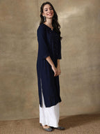 Navy Blue Tuba Rayon kurti with Muquesh Work