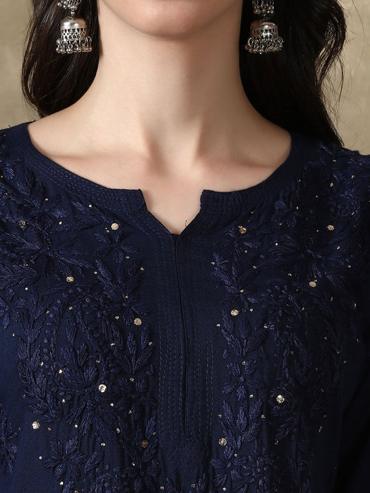 Navy Blue Tuba Rayon kurti with Muquesh Work