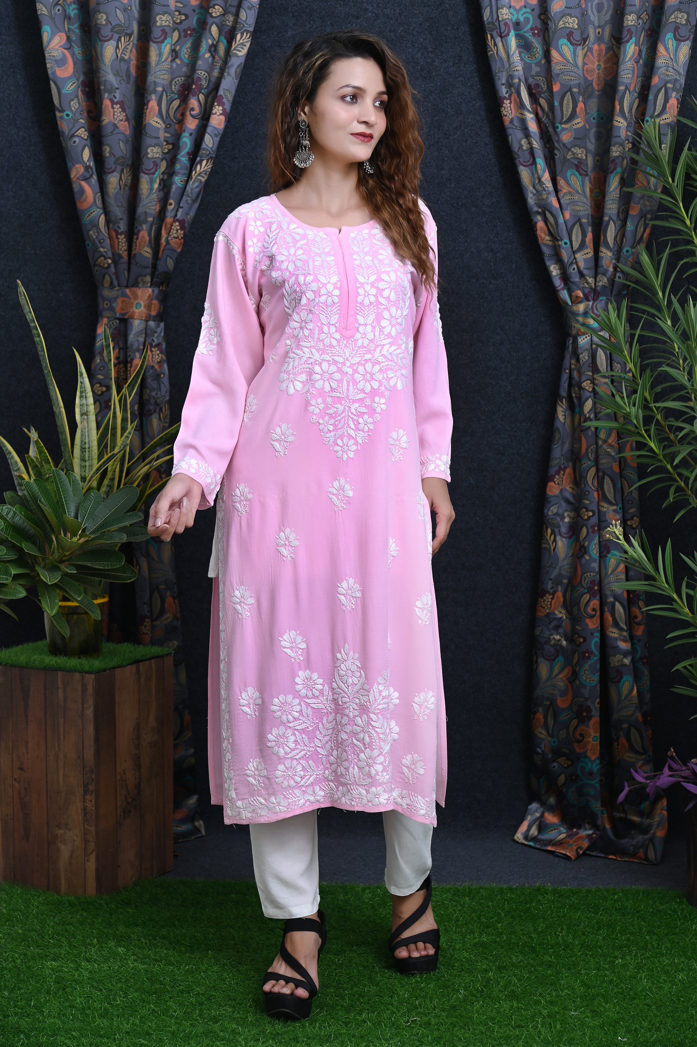 Pink Salma Straight Chikankari Rayon Kurti