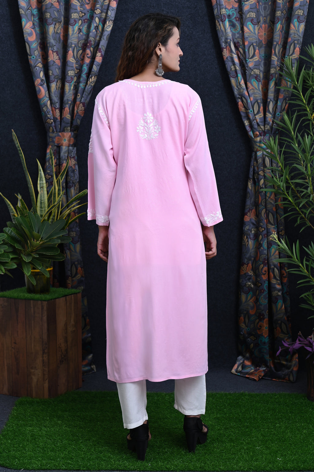 Pink Salma Straight Chikankari Rayon Kurti