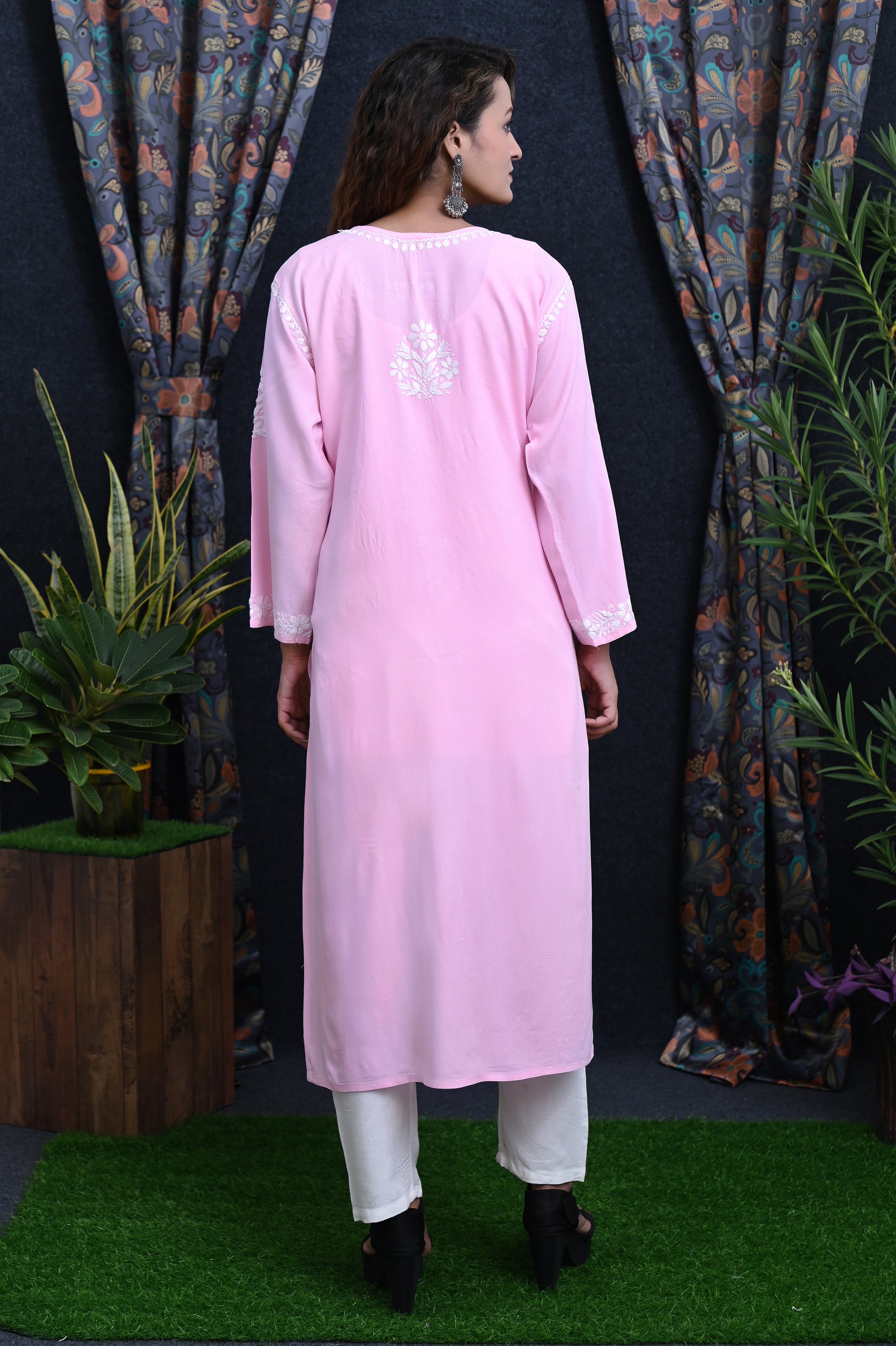 Pink Salma Straight Chikankari Rayon Kurti