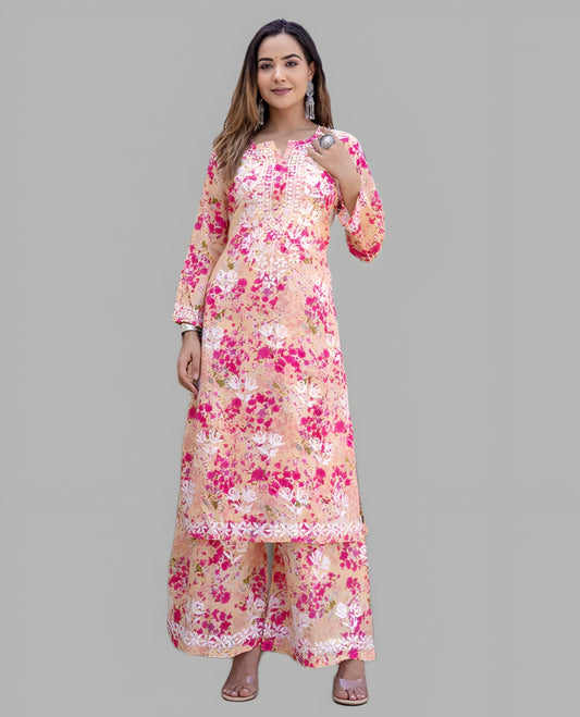 Wafa Lucknowi Chikankari Handwork Mulmul Print Kurti & Palazzo Set