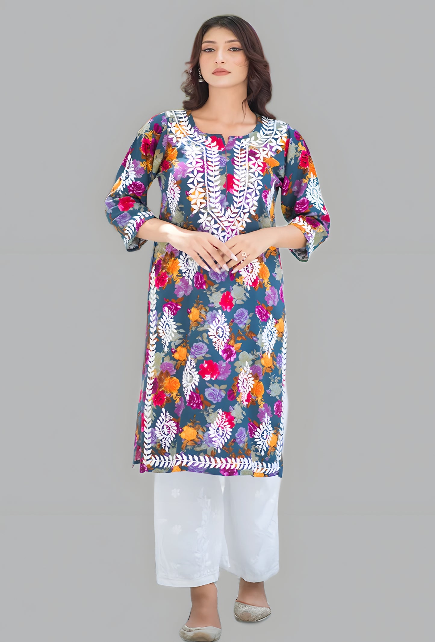 Nigaar Straight Fit Floral Print Rayon Kurti with Lucknowi Hand Embroidery for All Occasions