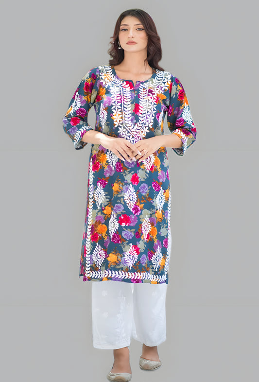 Nigaar Straight Fit Floral Print Rayon Kurti with Lucknowi Hand Embroidery for All Occasions