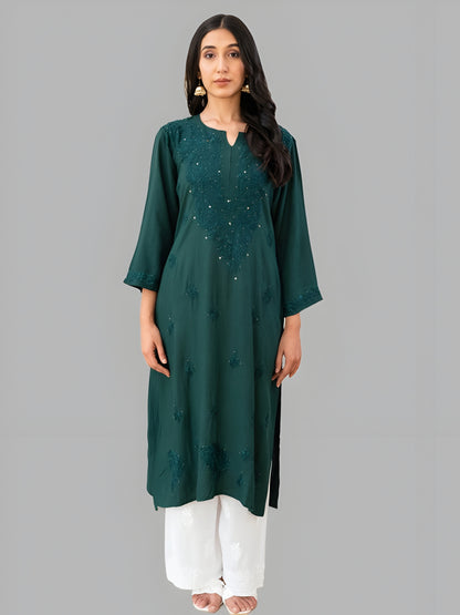Tuba Women's Premium Rayon Chikankari Kurti with Muquesh Embellishments