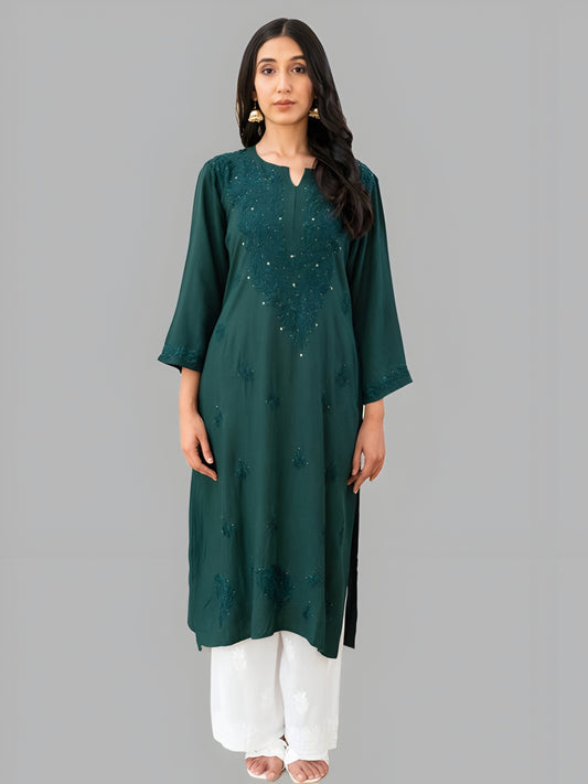 Tuba Women's Premium Rayon Chikankari Kurti with Muquesh Embellishments